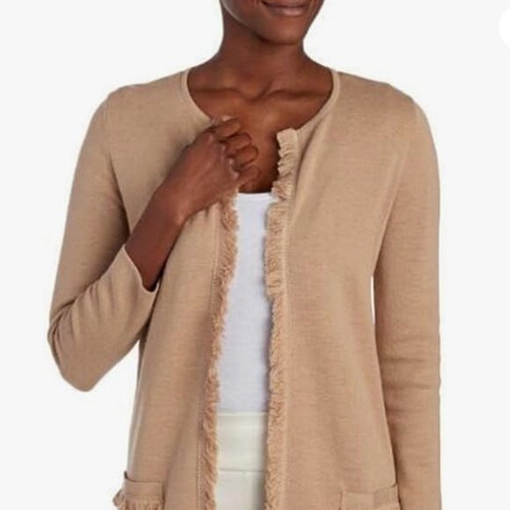 Fringed Long Cardigan Sweater | Large | Camel Tan